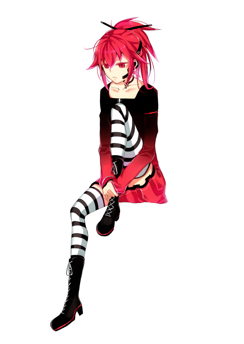1girl, absurdres, boots, cosplay, cul, dress, female_focus, full_body, gradient_clothes, gradient_dress, headphones, highres, long_hair, ponytail, red_eyes, red_hair, simple_background, sitting, solo, striped_clothes, striped_thighhighs, thighhighs, vient, vocaloid, vy1, vy1_(cosplay)