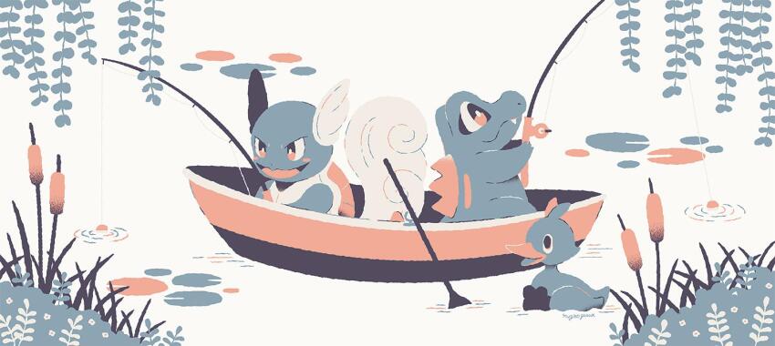 blush_stickers, boat, bright_pupils, cattail, commentary, ducklett, fishing, gen_1_pokemon