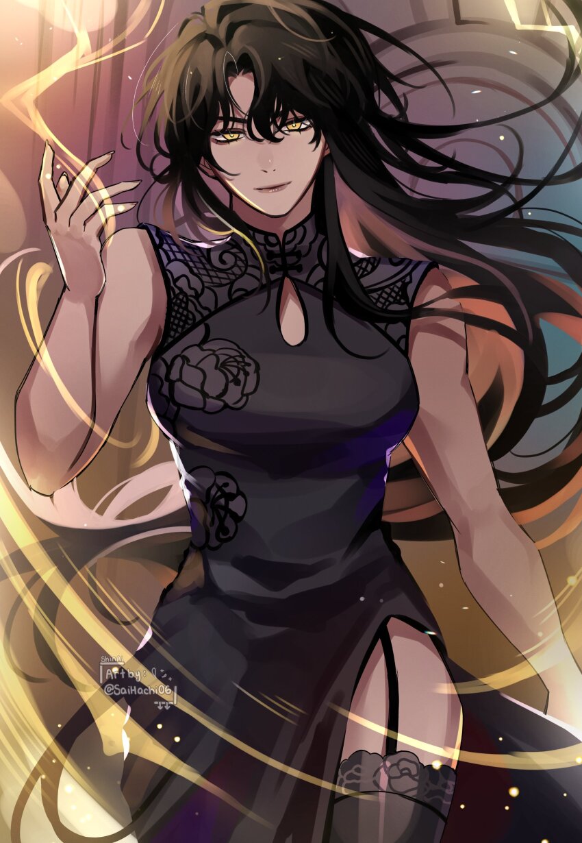 1girl, absurdres, artist_name, black_dress, black_hair, black_thighhighs, breasts, china_dress, chinese_clothes, closed_mouth, commentary, cowboy_shot, dress, english_commentary, floral_print, garter_straps, hand_up, highres, long_hair, omniscient_reader's_viewpoint, persephone_(omniscient_reader's_viewpoint), saihachi06, side_slit, sleeveless, sleeveless_dress, solo, thighhighs, very_long_hair, yellow_eyes, yoo_joonghyuk