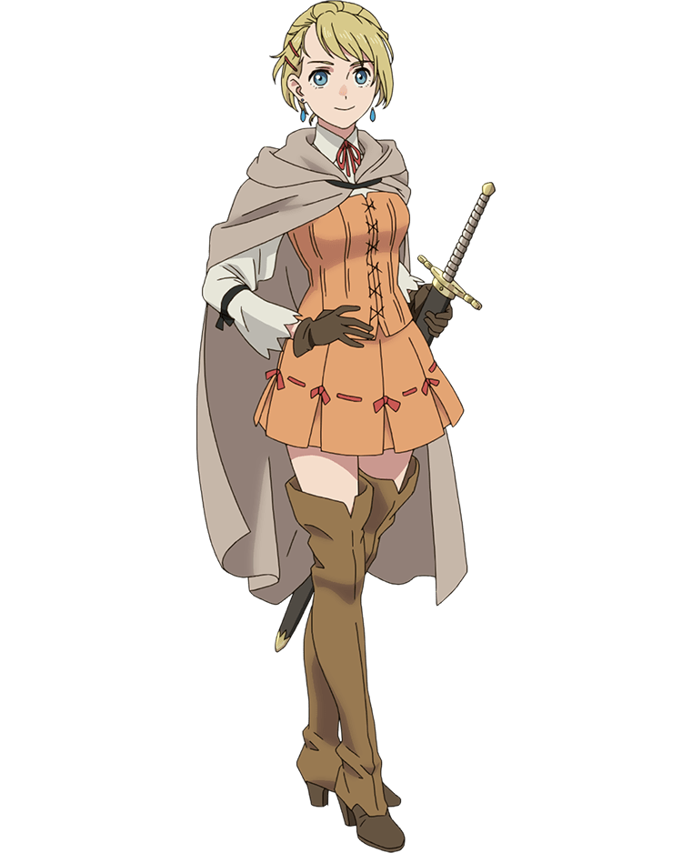 1girl, anime_coloring, blonde_hair, blue_eyes, boots, boukensha_ni_naritai_to_miyako_ni_deteitta_musume_ga_s_rank_ni_natteta, breasts, brown_boots, brown_gloves, cloak, collared_shirt, commentary_request, dress, earrings, full_body, gloves, holding, holding_sword, holding_weapon, jewelry, long_sleeves, looking_at_viewer, sasha_bordeaux, sheath, sheathed, shibata_jun, shirt, smile, solo, sword, thighhighs, thighs, weapon, white_shirt, zettai_ryouiki