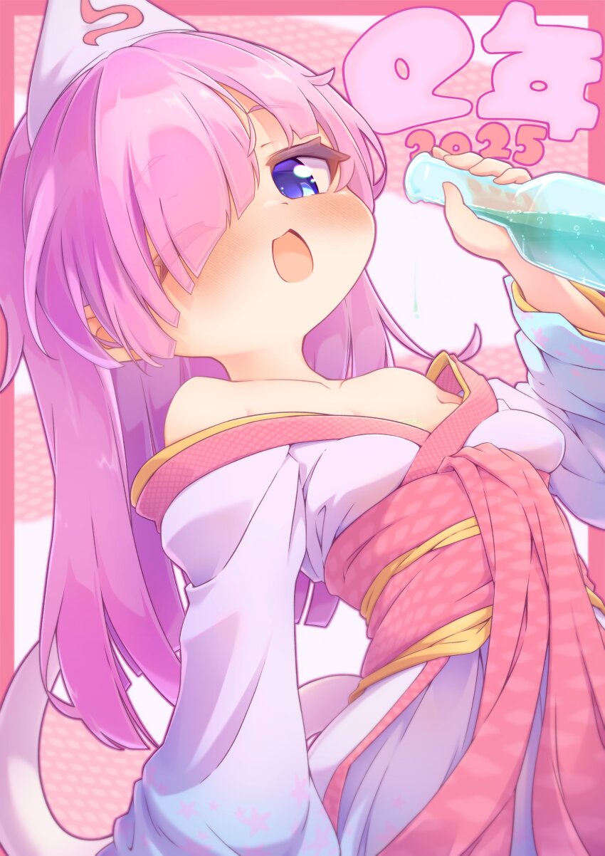 1girl, 2025, absurdres, blue_eyes, blush, bottle, chinese_zodiac, emil_chronicle_online, from_below, hair_ornament, happy_new_year, highres, holding, holding_bottle, japanese_clothes, kimono, long_hair, new_year, open_mouth, pink_hair, silver-index, towa_(emil_chronicle_online), undressing, year_of_the_snake