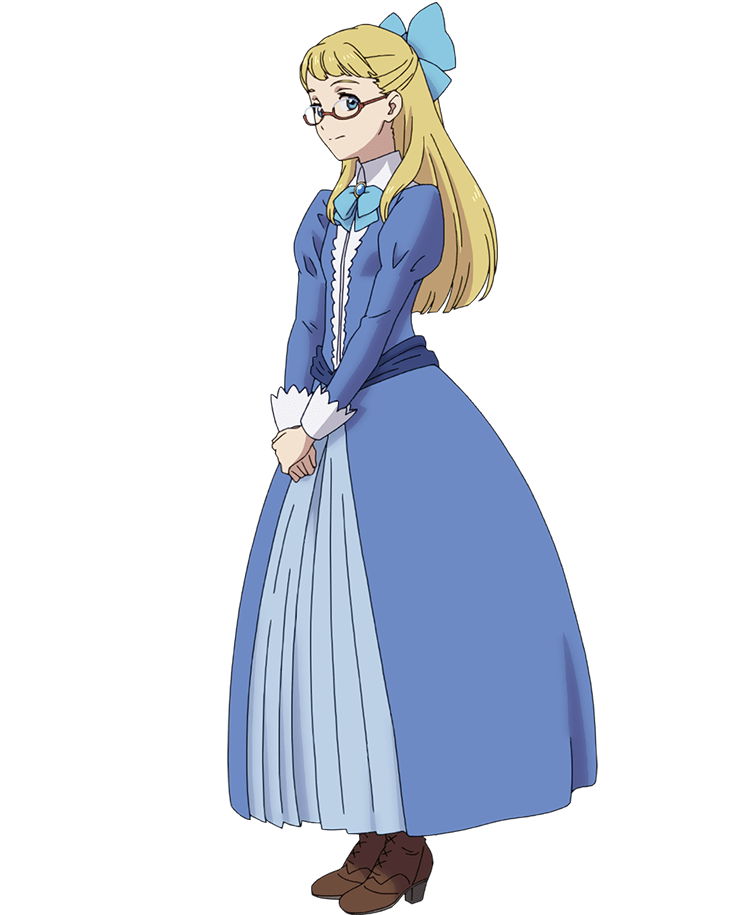 1girl, anime_coloring, blonde_hair, blue_dress, blue_eyes, boots, boukensha_ni_naritai_to_miyako_ni_deteitta_musume_ga_s_rank_ni_natteta, bow, breasts, brown_boots, commentary_request, dress, full_body, glasses, hair_bow, hair_ribbon, long_hair, long_sleeves, looking_at_viewer, puffy_long_sleeves, puffy_sleeves, ribbon, selene_bordeaux, shibata_jun, simple_background, smile, solo, standing, transparent_background