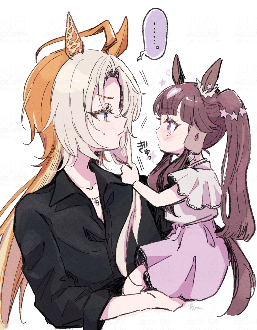 ..., 2girls, aged_down, aged_up, ahoge, animal_ears, blonde_hair, capelet, collarbone, commentary_request, ear_covers, ear_ornament, hair_intakes, hair_ornament, headgear, highres, horse_ears, horse_girl, horse_tail, huge_ahoge, kurumi_poke, long_hair, lucky_lilac_(umamusume), multicolored_hair, multiple_girls, orange_hair, orfevre_(umamusume), pink_shirt, pink_skirt, ponytail, purple_eyes, shirt, single_ear_cover, skirt, speech_bubble, spoken_ellipsis, star_(symbol), star_hair_ornament, tail, umamusume, umamusume_horse_relations, very_long_hair