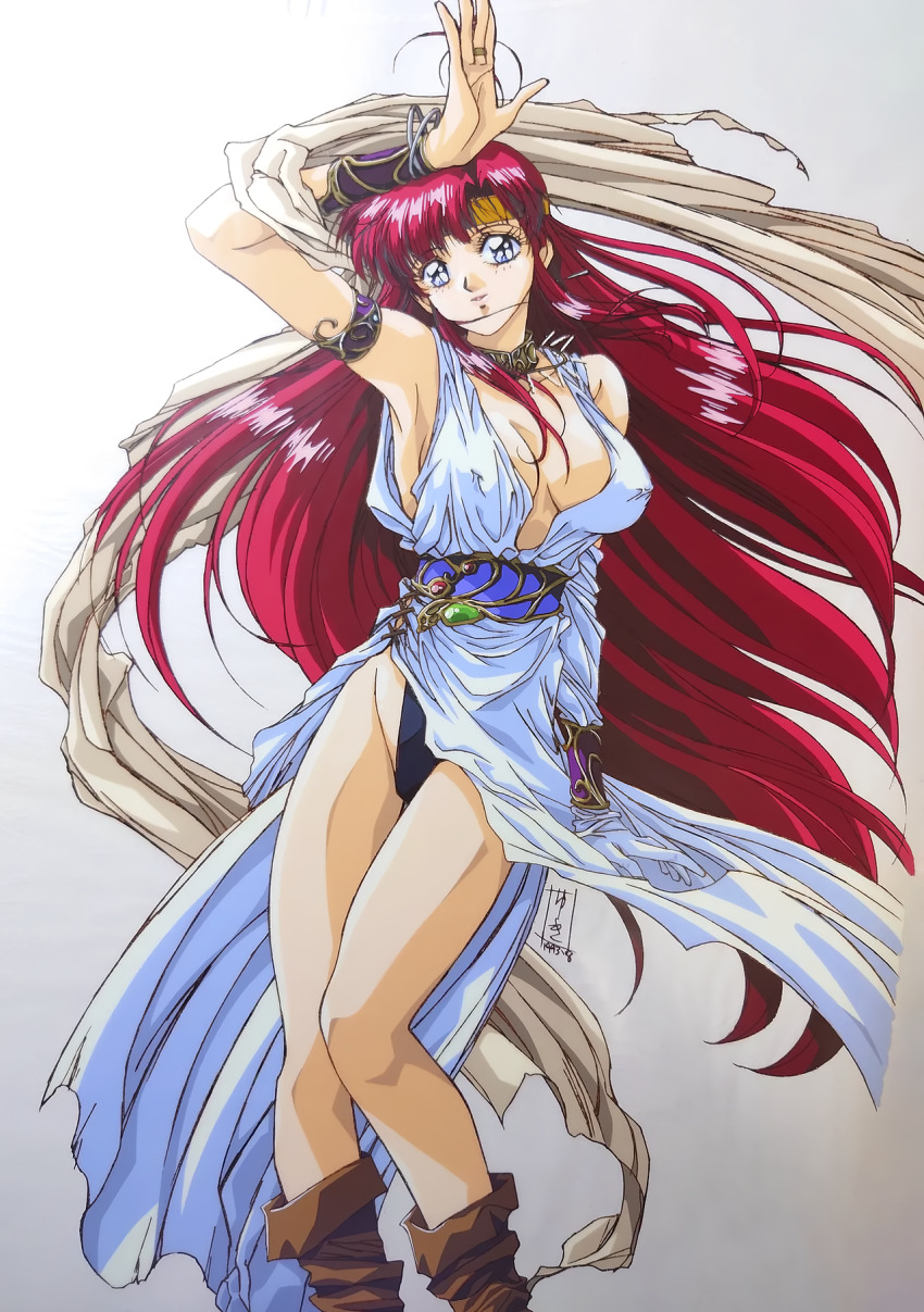 1990s_(style), 1girl, arm_up, armlet, black_panties, blue_eyes, boots, bracelet