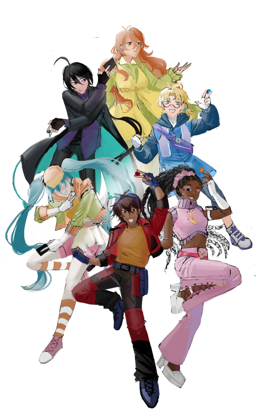 3boys, 3girls, adapted_costume, ahoge, alice_gehabich, alternate_costume, alternate_skin_color, antenna_hair