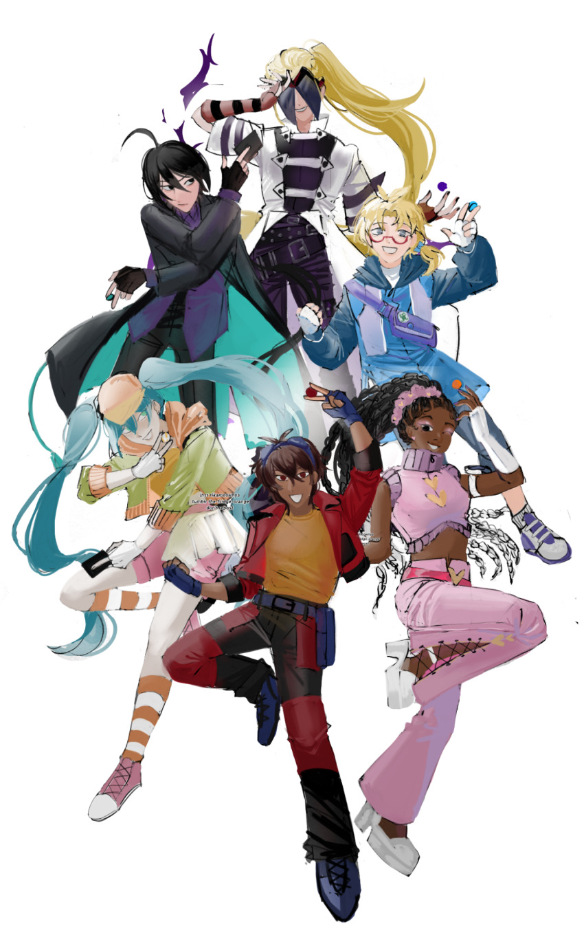 2girls, 4boys, adapted_costume, ahoge, alternate_costume, alternate_skin_color, androgynous, antenna_hair