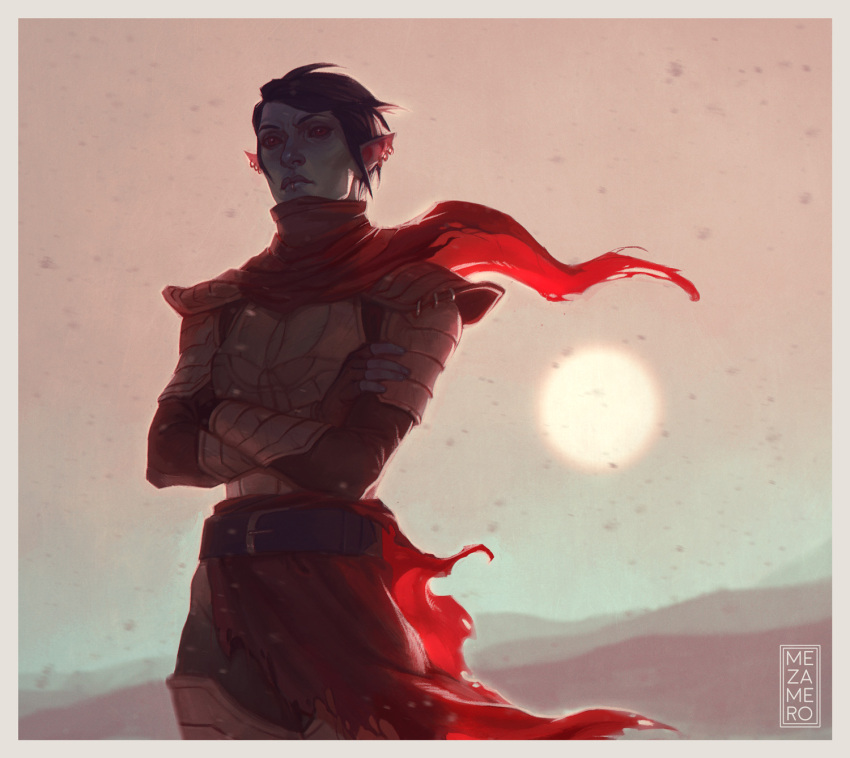 1girl, armor, artist_name, black_hair, brown_eyes, crossed_arms, dark-skinned_female, dark_elf