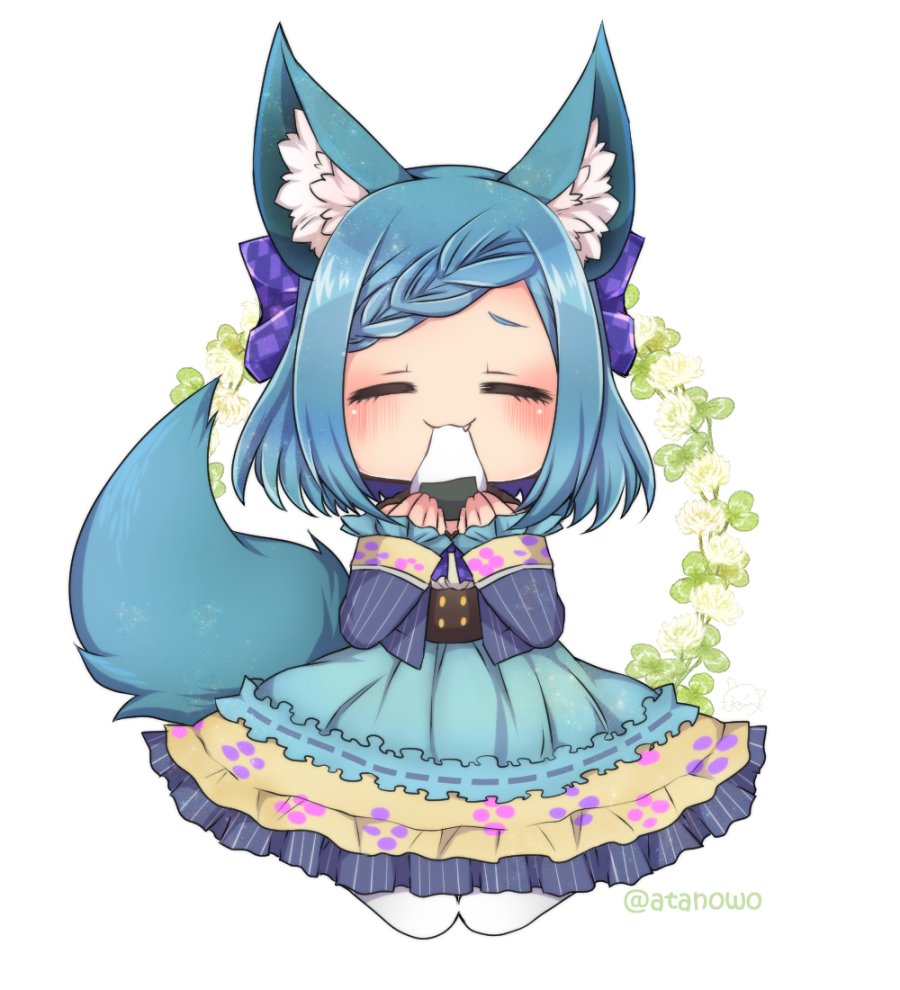 1girl, animal_ears, blue_dress, blue_ribbon, braid, braided_bangs, closed_mouth, dress, eating, emil_chronicle_online, food, frilled_dress, frilled_sleeves, frills, hair_ribbon, holding, holding_food, mochi, mochi_trail, ribbon, satsuki_atan, sitting, tail, twitter_username, white_background, whitefang_alma, wolf_ears, wolf_girl, wolf_tail