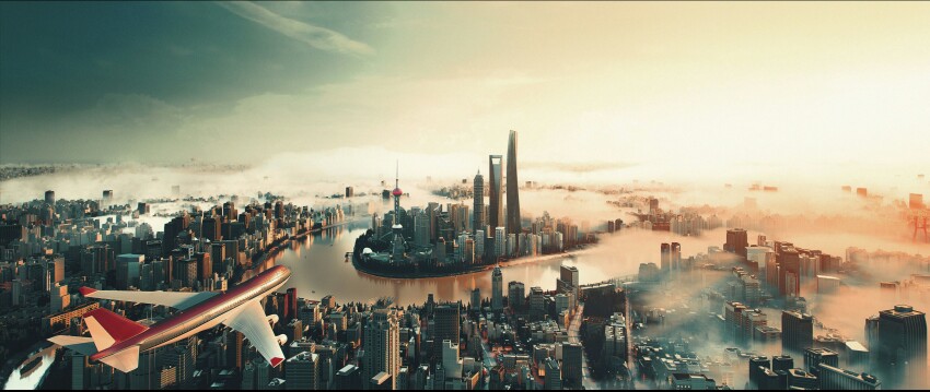 absurdres, aircraft, airplane, blue_sky, boat, building, china, city, cityscape, commentary_request, day, fog, grand_scale, highres, hy_vong_(phong_canh), jet_airliner, no_humans, original, outdoors, photorealistic, real_world_location, realistic, reflection, reflective_liquid, river, scenery, shanghai, sky, skyscraper, tibetan_commentary, watercraft