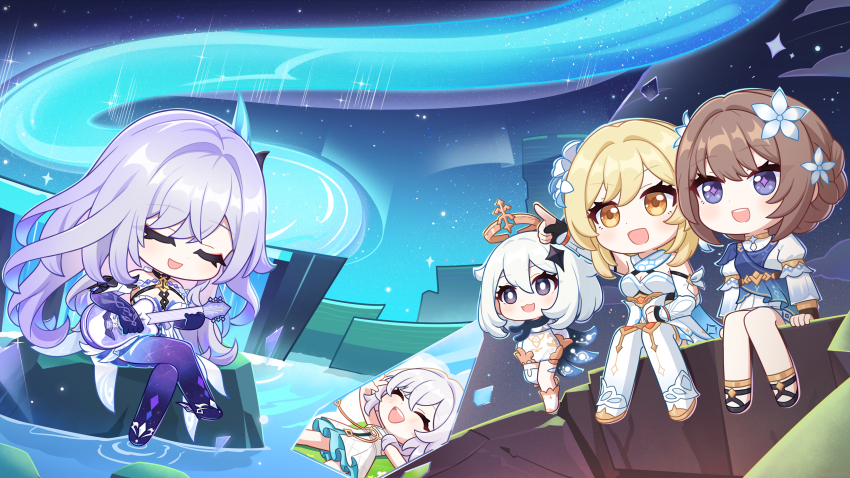 +_+, 4girls, :d, ^_^, absurdres, bare_shoulders, black_eyes, black_gloves