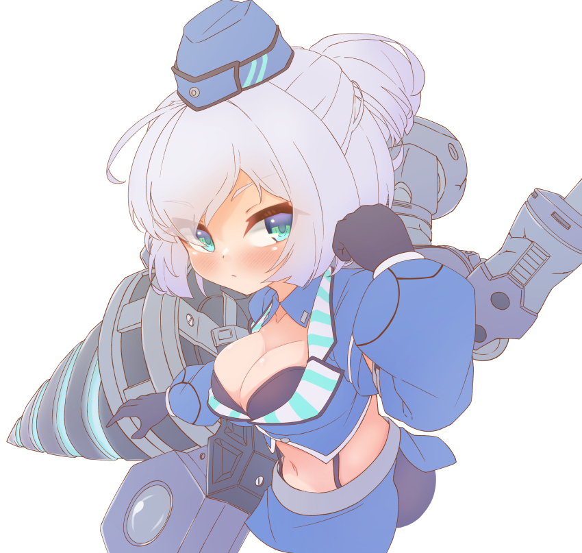 1girl, absurdres, beret, blue_hat, blue_jacket, blush, breasts, cleavage, drill, emil_chronicle_online, foxtrot_b3_alma, from_side, green_eyes, hat, highres, jacket, large_breasts, mecha_musume, mechanical_wings, midriff, navel, oppai_loli, ponytail, silver-index, upper_body, white_background, white_hair, wings