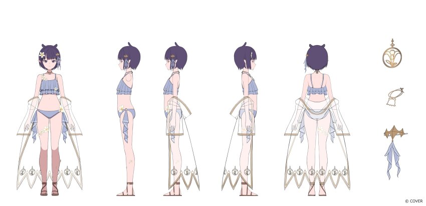 1girl, absurdres, bikini, bob_cut, brown_sandals, commentary, copyright_notice, english_commentary