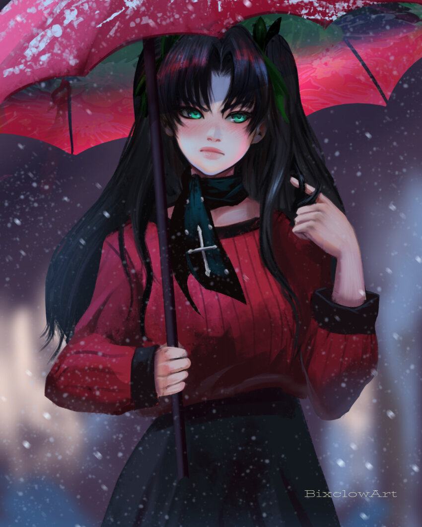 1girl, artist_name, bixclowart, black_hair, black_skirt, blush, breasts, fate/stay_night