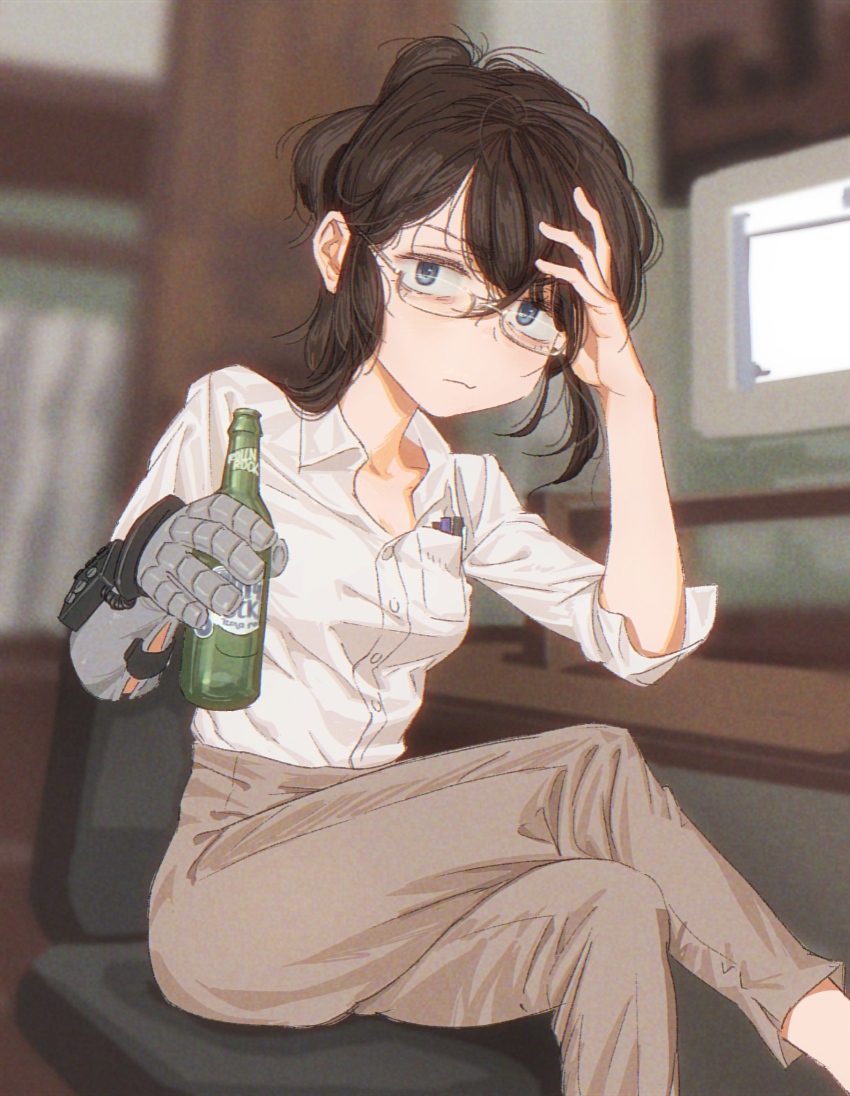 1girl, alcohol, angry_video_game_nerd, bags_under_eyes, beer_bottle, blue_eyes, blurry, blurry_background, bottle, breasts, brown_hair, brown_pants, chair, closed_mouth, commentary, crossed_legs, english_commentary, genderswap, genderswap_(mtf), glasses, hair_between_eyes, hand_on_own_head, highres, holding, holding_bottle, james_rolfe, looking_at_viewer, massimo, messy_hair, monitor, object_in_pocket, on_chair, pants, pen_in_pocket, pocket, power_glove_(nintendo), real_life, rolling_rock, shirt, shirt_tucked_in, sitting, small_breasts, solo, white_shirt
