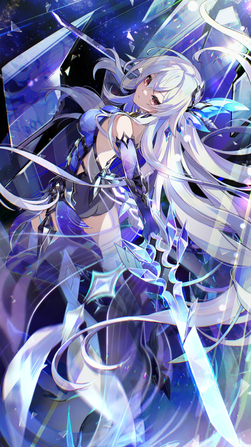 1girl, azurelight_(genshin_impact), back, bare_shoulders, breasts, broken_glass, closed_mouth, crystal_shards