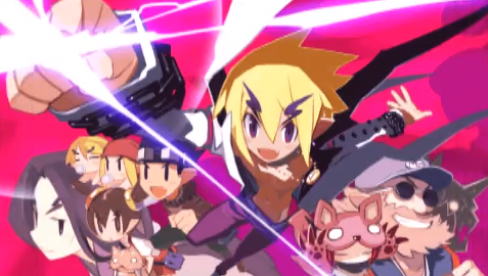 akutare_(disgaea), axel, black_hair, blonde_hair, brown_hair, director_(disgaea), disgaea, everyone, family, goggles, happy, harada_takehito, hat, jacket, lowres, makai_senki_disgaea_2, nippon_ichi, official_art, purple_eyes, saber_kitty_(disgaea), sunglasses, twintails