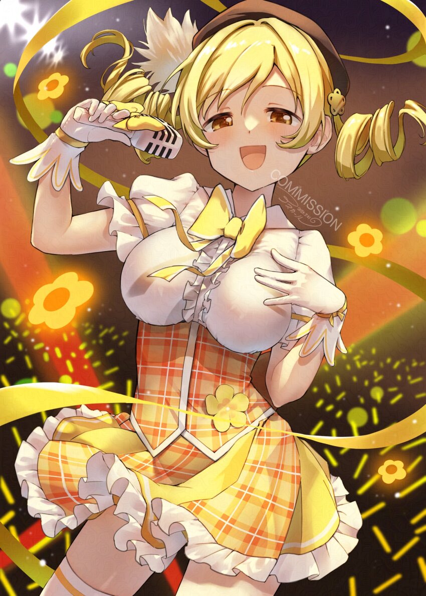 1girl, :d, asukaru_(magika_ru), blonde_hair, blush, bow, bowtie, breasts, brown_eyes, brown_hat, commentary_request, commission, cowboy_shot, drill_hair, floating_hair, frilled_skirt, frills, gloves, hair_floating_upwards, hat, highres, holding, holding_microphone, kamiha_magica_idol_costume, large_breasts, long_hair, looking_at_viewer, magical_girl, mahou_shoujo_madoka_magica, mahou_shoujo_madoka_magica_(anime), microphone, open_mouth, plaid_clothes, plaid_skirt, shirt, short_sleeves, signature, skirt, smile, solo, thighhighs, tomoe_mami, tomoe_mami_(magical_girl), twin_drills, white_gloves, white_shirt, white_thighhighs, yellow_bow, yellow_bowtie, yellow_skirt