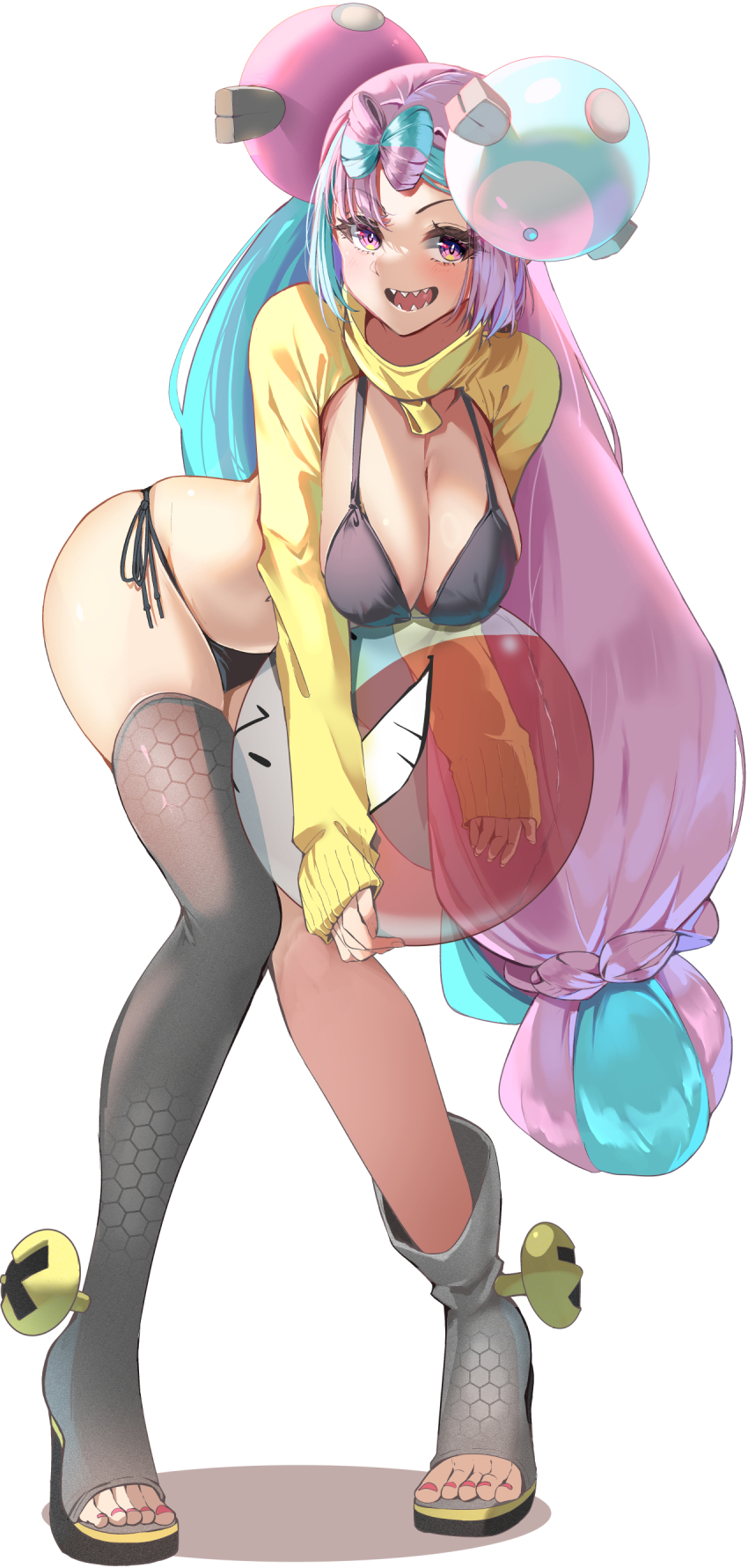 1girl, absurdres, ball, beachball, bikini, black_bikini, blue_hair, blush