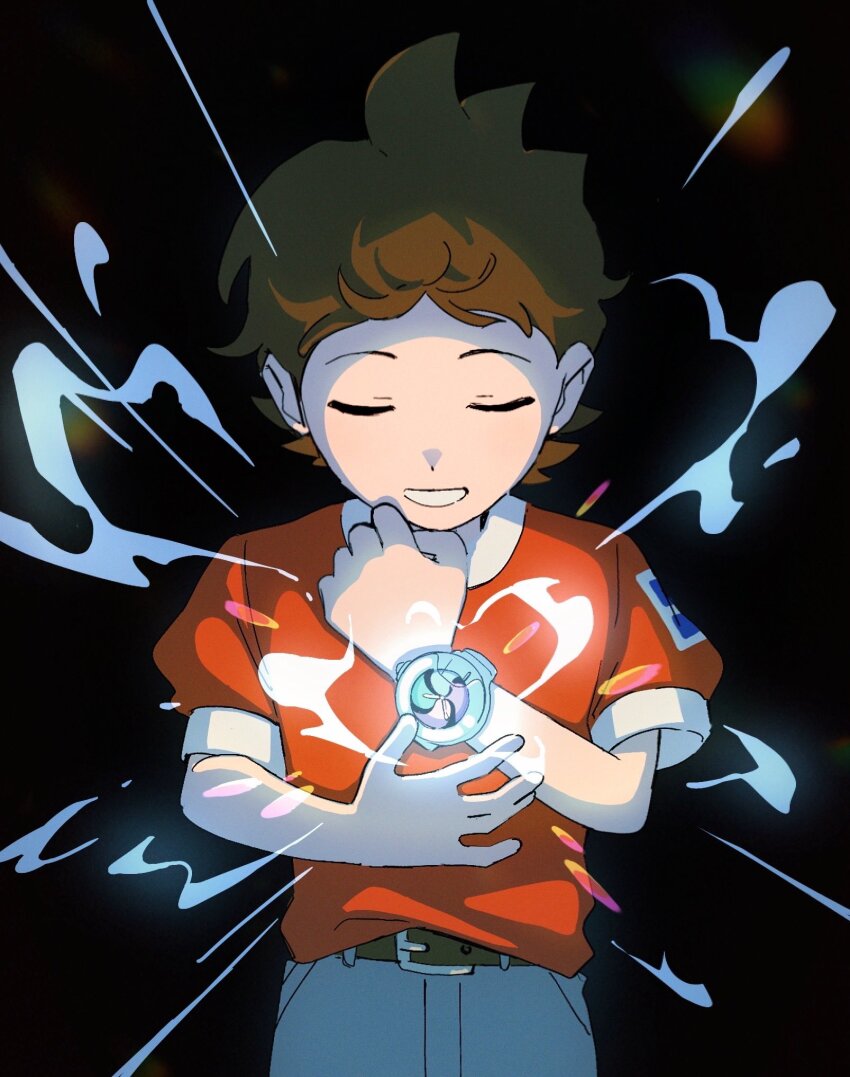 1boy, amano_keita, belt, black_background, brown_belt, brown_hair, cgr9z, closed_eyes