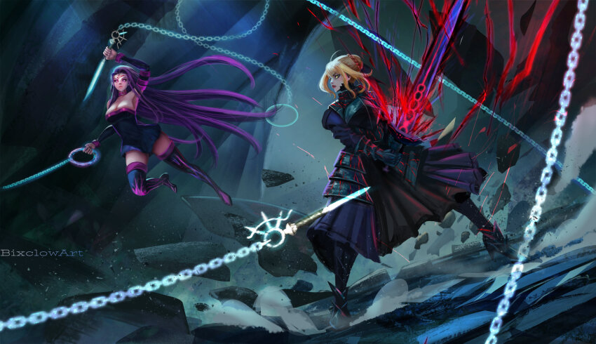 2girls, armor, armored_dress, artist_name, artoria_pendragon_(fate), bare_shoulders, bixclowart, blonde_hair, breaker_gorgon, breasts, cave, cleavage, dress, excalibur_morgan_(fate), facial_mark, fate/stay_night, fate_(series), fighting, forehead_mark, hair_ribbon, heaven's_feel, highres, holding, holding_sword, holding_weapon, large_breasts, long_hair, long_sleeves, medium_breasts, medusa_(fate), medusa_(rider)_(fate), multiple_girls, nameless_dagger_(fate), purple_eyes, purple_hair, ribbon, saber_alter, scene_reference, short_hair, sidelocks, strapless, strapless_dress, sword, thighhighs, very_long_hair, weapon, yellow_eyes