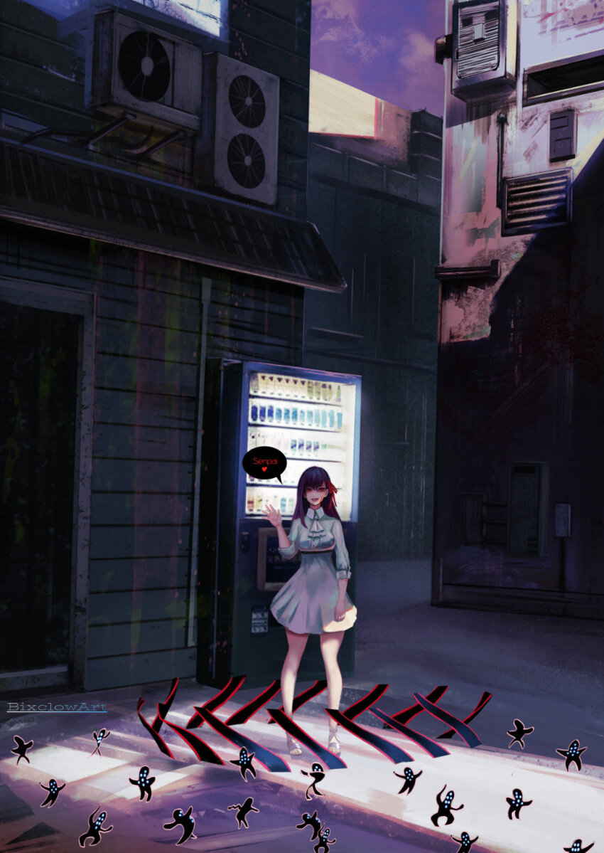 1girl, artist_name, bixclowart, black_shadow_(fate), blonde_hair, breasts, building, dark_sakura