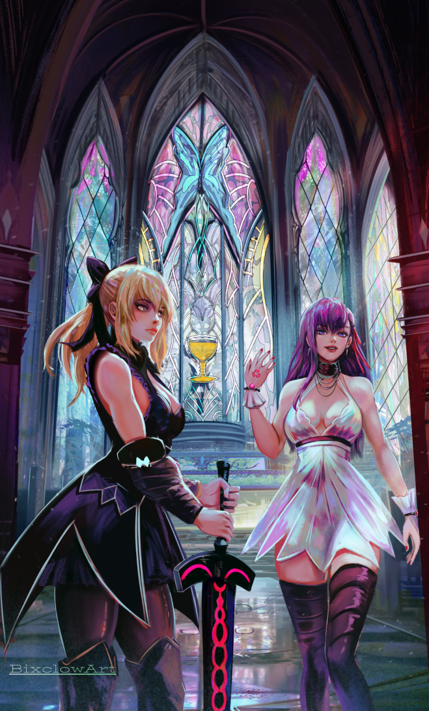 2girls, alternate_costume, angra_mainyu_(fate), artist_name, artoria_pendragon_(fate), bixclowart, black_choker, blonde_hair, breasts, choker, church, cleavage, command_spell, corruption, dark_persona, dark_sakura, dress, excalibur_morgan_(fate), fate/stay_night, fate_(series), hair_ribbon, heaven's_feel, highres, holding, holding_sword, holding_weapon, holy_grail_(fate), indoors, large_breasts, long_hair, looking_at_viewer, matou_sakura, medium_hair, multiple_girls, possessed, possession, purple_eyes, purple_hair, ribbon, saber_alter, short_hair, sidelocks, skirt, sleeveless, smile, stained_glass, sword, thighhighs, weapon, yellow_eyes