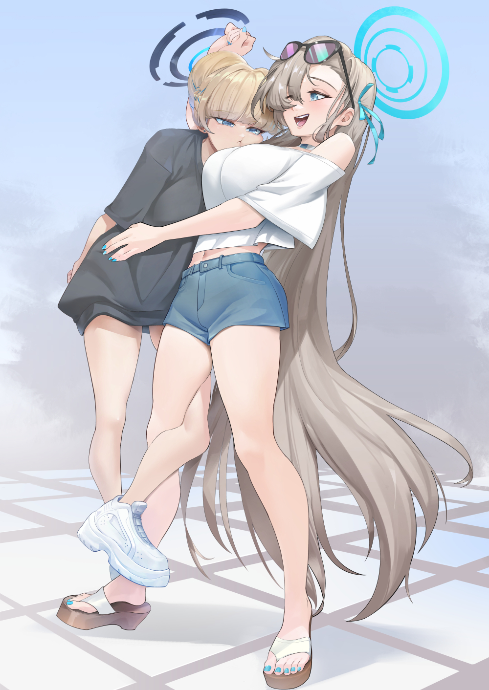 2girls, asuna_(blue_archive), bare_shoulders, black_shirt, blonde_hair, blue_archive, blue_eyes, blue_hair