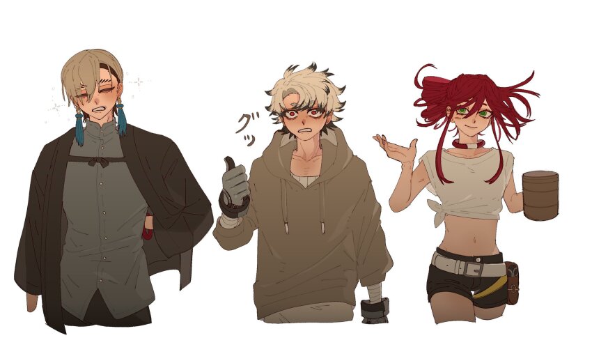 1girl, 2boys, black_shorts, bloodshot_eyes, brown_hoodie, clenched_teeth, closed_mouth, cowboy_shot