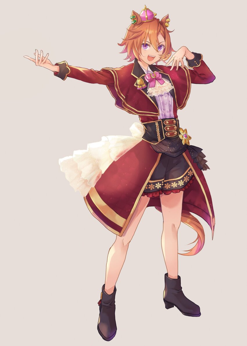 1girl, :d, absurdres, animal_ear_piercing, animal_ears, black_boots, black_skirt, boots