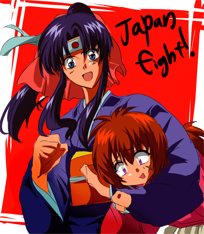 1boy, 1girl, blue_eyes, blue_hair, headband, himura_kenshin, japanese_clothes, kamiya_kaoru