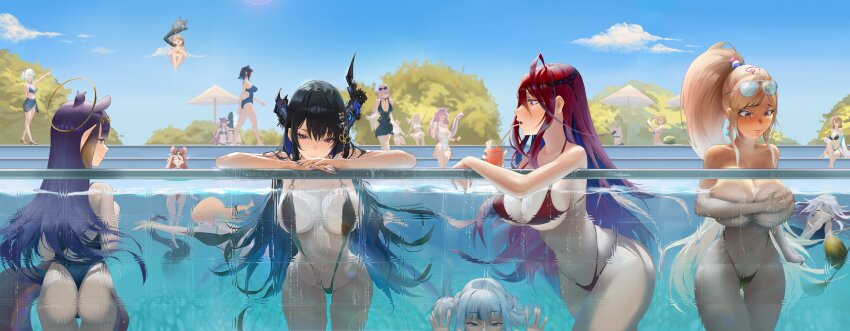 6+girls, absurdres, against_glass, ahoge, alternate_costume, animal_ears, ass, bikini