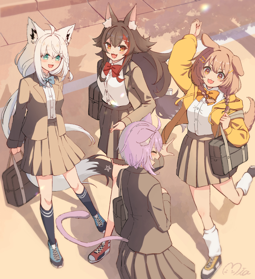 4girls, :d, ahoge, alternate_costume, animal_ear_fluff, animal_ears, aqua_eyes, arms_behind_back