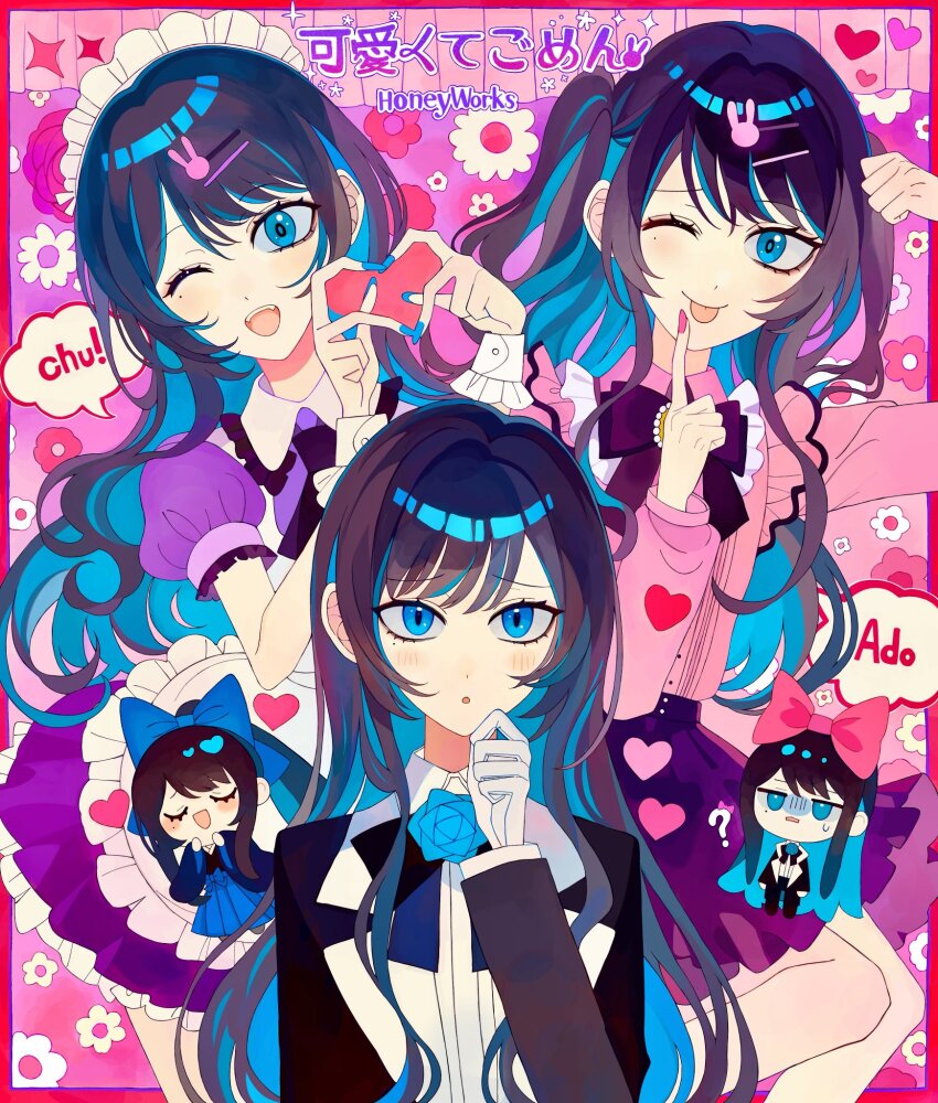 1girl, ado_(utaite), black_bow, blue_bow, blue_eyes, blue_hair, blush, bow