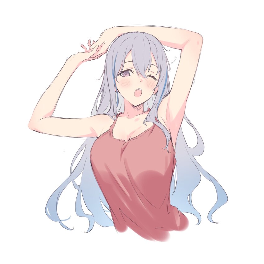 1girl, arms_up, bang_dream!, bang_dream!_mugendai_mewtype, blush, breasts, camisole, cleavage