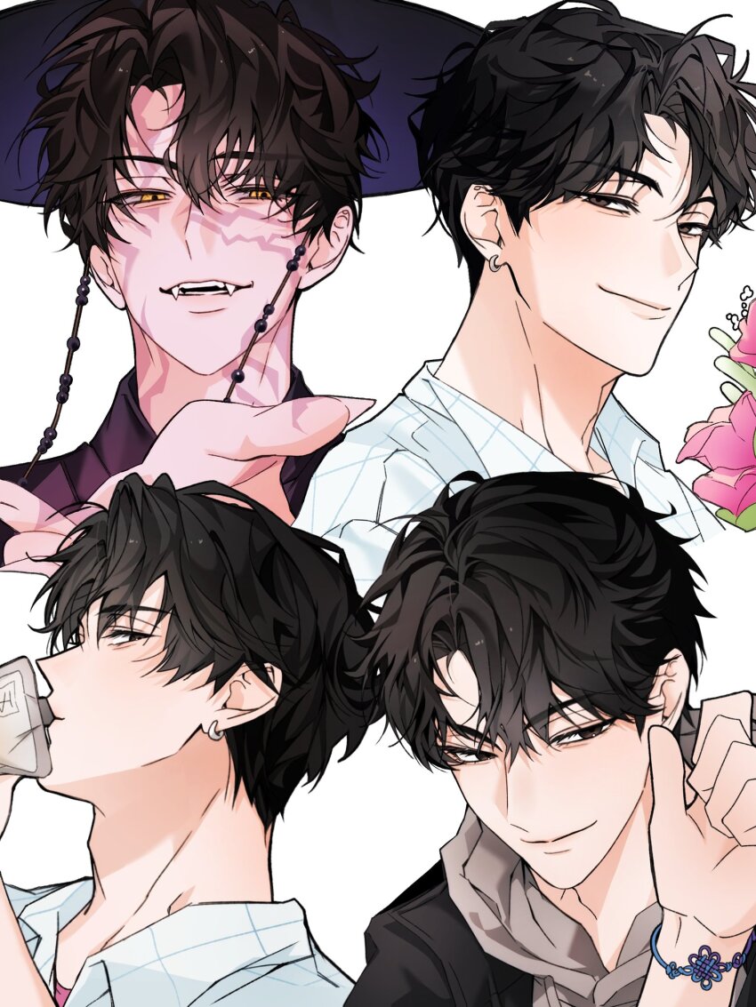 arm_up, black_hair, black_hanbok, black_hat, black_jacket, bracelet, closed_mouth, collared_shirt