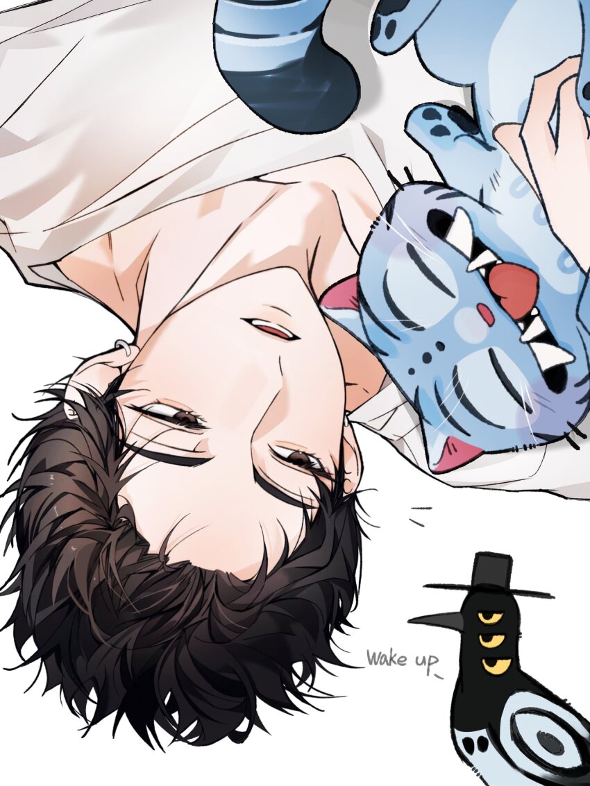 1boy, bird, black_hair, black_hat, blue_fur, brown_eyes, collarbone, colored_sclera