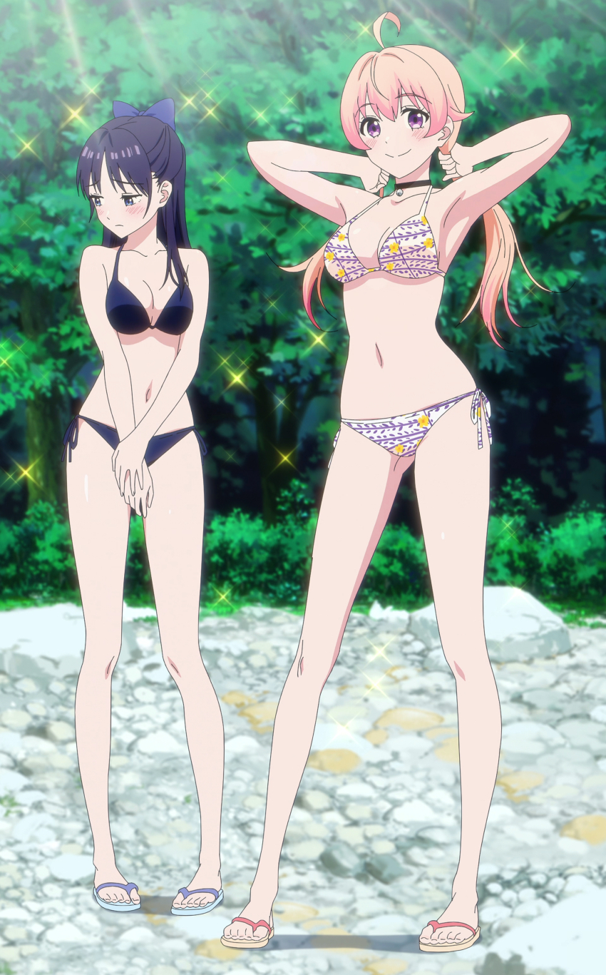 2girls, absurdres, alternate_breast_size, anime_screenshot, arm_behind_head, armpits, bikini, black_hair, blonde_hair, blush, breasts, bunching_hair, cleavage, feet, hair_ribbon, highres, large_breasts, legs, long_hair, looking_at_viewer, low_twintails, miyao_nemu, multiple_girls, navel, playing_with_own_hair, purple_eyes, ribbon, side-tie_bikini_bottom, smile, stitched, swimsuit, thighs, third-party_edit, twintails, wakatsuki_niko, witch_watch