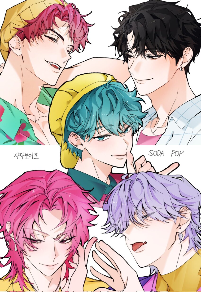 4boys, abby_(kpop_demon_hunters), adam's_apple, arm_up, baby_(kpop_demon_hunters), backwards_hat, beanie, black_hair