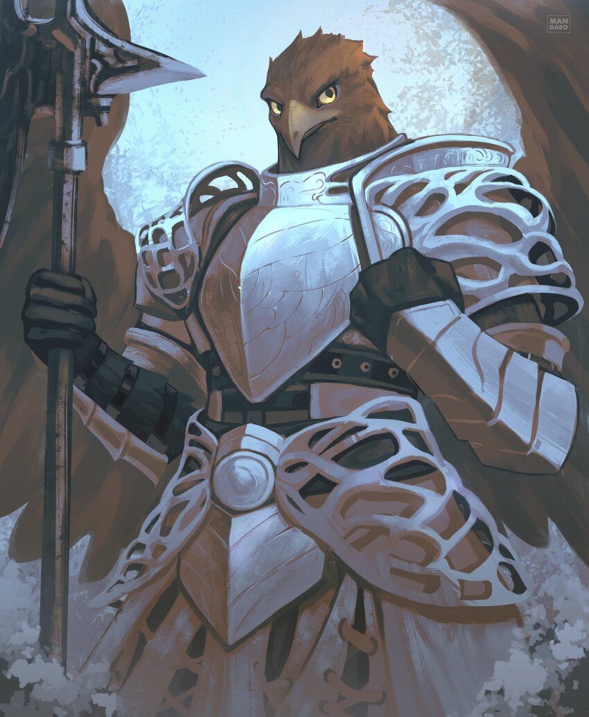 1boy, absurdres, armor, arms_up, augoose_cong, beak, bird_boy, black_gloves, breastplate, clenched_hand, commentary, cowboy_shot, elden_ring, elden_ring_nightreign, english_commentary, faulds, feathered_wings, furry, furry_male, gloves, guardian_(elden_ring), highres, holding, holding_polearm, holding_weapon, looking_to_the_side, male_focus, pauldrons, polearm, shoulder_armor, sideways_glance, solo, weapon, wings, yellow_eyes