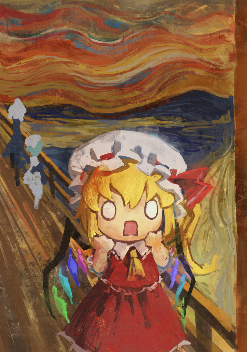 3girls, abstract_background, ascot, commentary_request, cowboy_shot, crystal_wings, fine_art_parody, flandre_scarlet