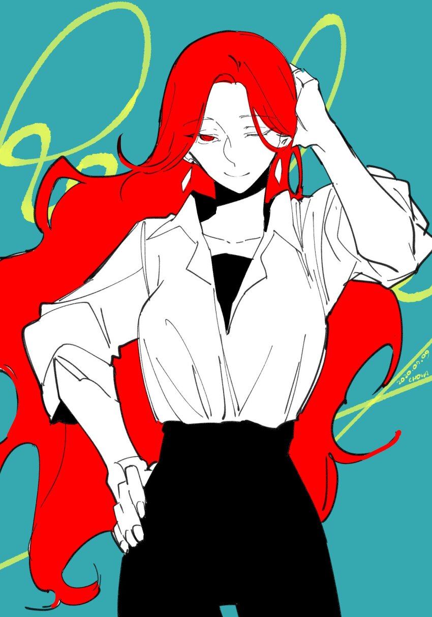 100md_cv, 1girl, aqua_background, black_pants, closed_mouth, collared_shirt, commentary_request, cowboy_shot