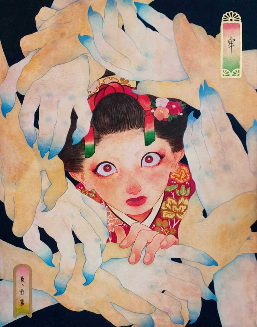 black_background, black_hair, disembodied_hand, flower, hagatake_kili, hair_flower, hair_ornament, highres