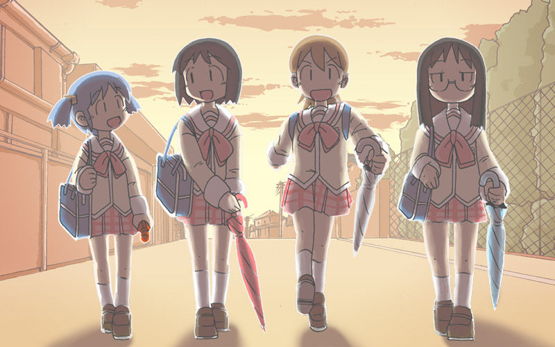4girls, aioi_yuuko, bag, black_hair, blue_hair, brown_hair, cube_hair_ornament, e_saiba