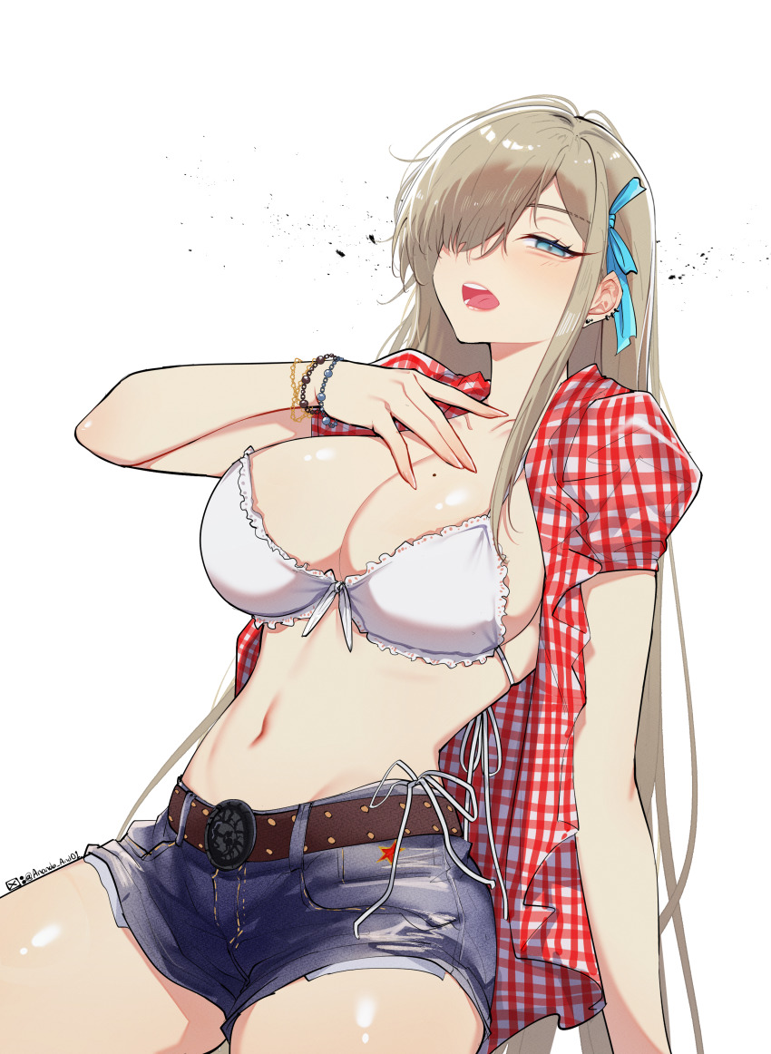 1girl, absurdres, alternate_costume, anandaname, asuna_(blue_archive), belt, bikini, bikini_bottom_under_shorts