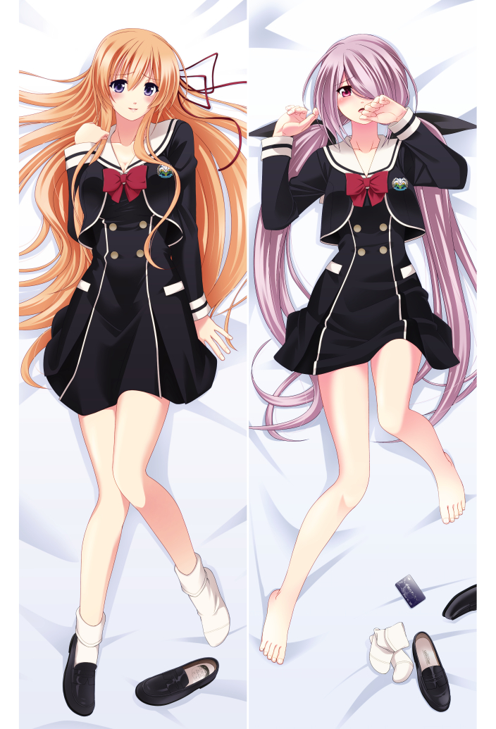 2girls, :o, bare_legs, barefoot, bed_sheet, black_bow, blush, bow