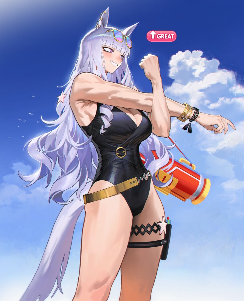 1girl, absurdres, animal_ears, bird, black_one-piece_swimsuit, blue_sky, bracelet, casual_one-piece_swimsuit