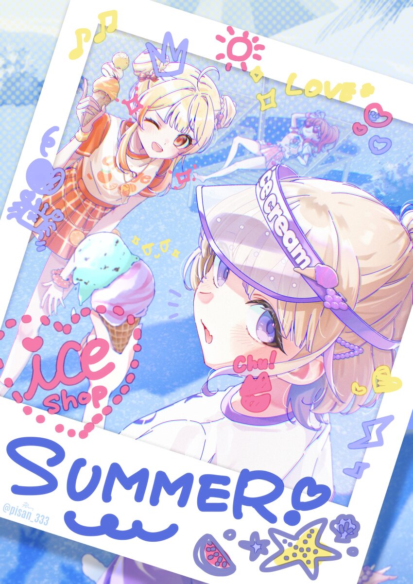 3girls, absurdres, ben-day_dots, blonde_hair, blush, drawn_crown, drawn_heart, drawn_sun