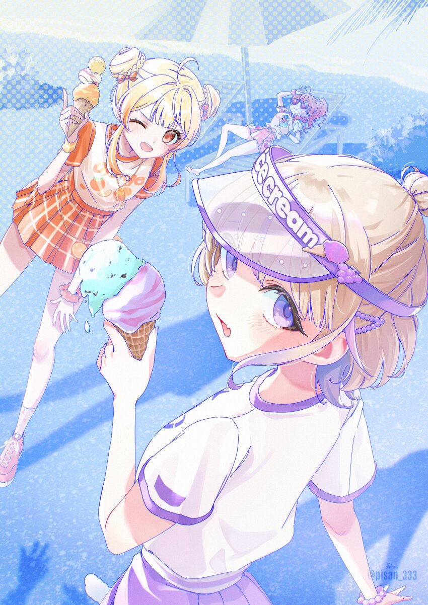 3girls, absurdres, ahoge, ben-day_dots, double_bun, food, hair_bun, highres