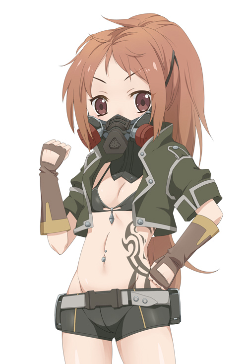 1girl, belt, bikini, black_bikini, breasts, brown_eyes, brown_gloves, code_vein