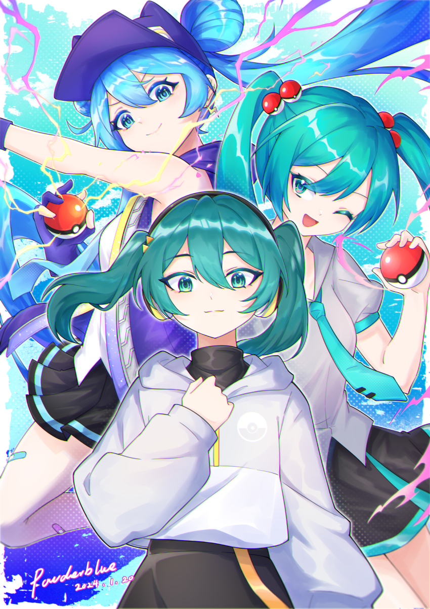 3girls, absurdres, aqua_eyes, aqua_hair, aqua_necktie, black_hat, black_skirt, blue_gloves